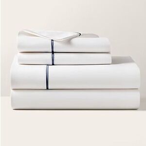 Ralph Lauren Percale King Flat Sheet‎ Polo Navy Trim Organic Cotton Luxury NEW